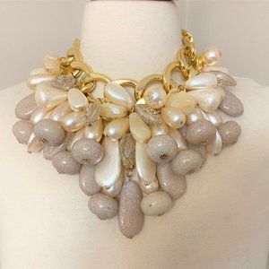 Gold Tone Faux Pearl & Crackle Beads Statement Bib Necklace